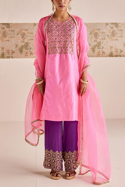 Neon pink zardozi embroidery kurta set