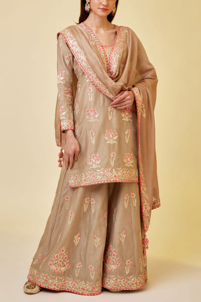 Shyam Narayan Prasad Neutral embroidered sharara set SNPMAR202311