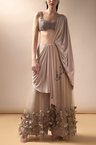 Nude 3D floral embellished concept sari set