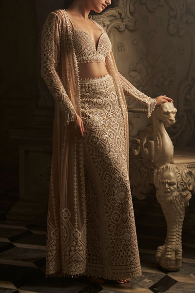 Nude floral and geometric embroidery skirt set