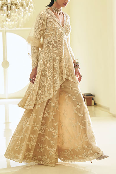Nude floral and paisley embroidery sharara set