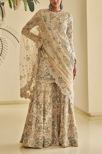 Nude floral embroidery sharara set