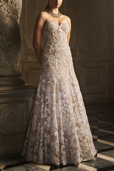Nude floral embroidery strapless gown