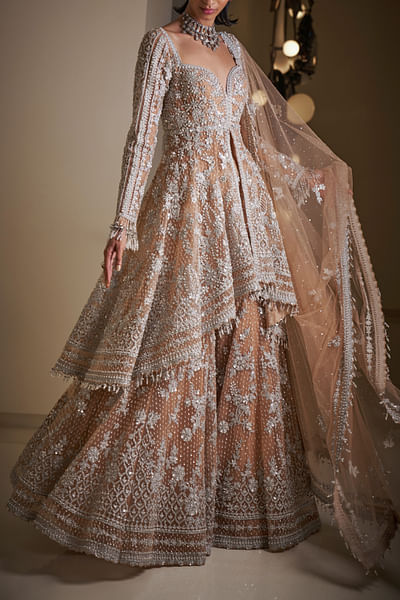 Nude floral pearl embroidery sharara set
