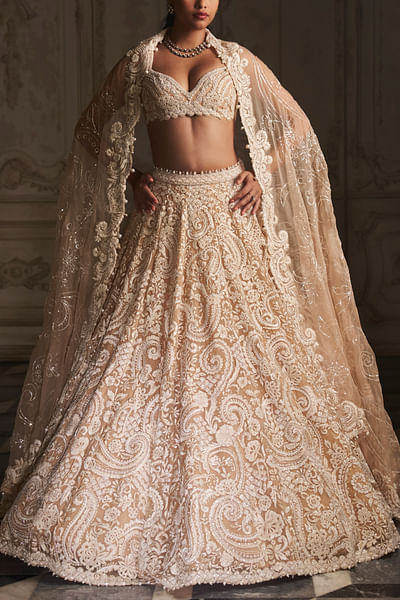 Nude paisley and floral embroidery lehenga set
