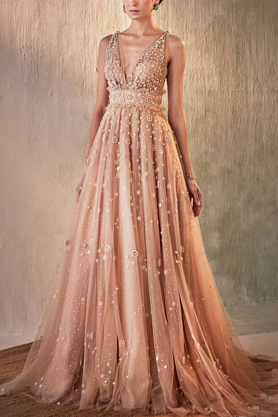 Nude pearl embroidered gown