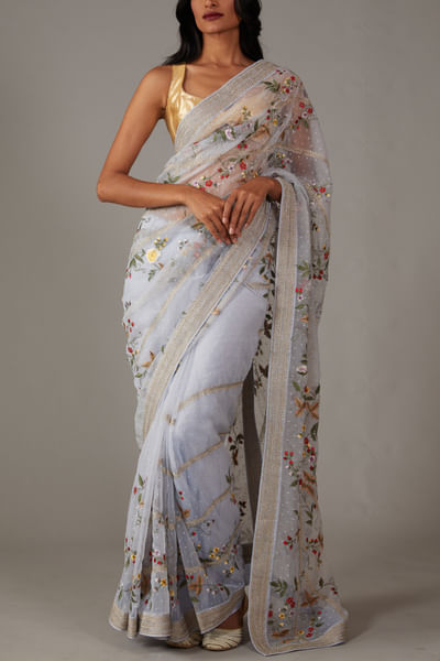 Ocean blue floral embroidery saree set
