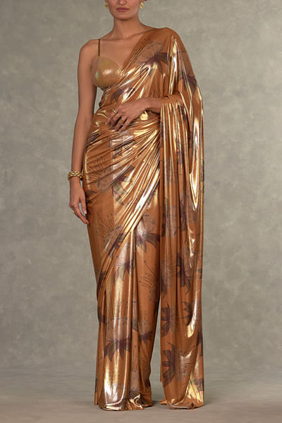 Ochre floral print sari set