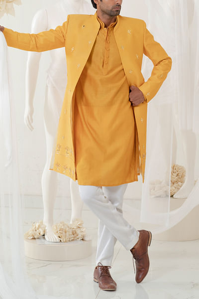 Ochre gold motifs embroidered sherwani set