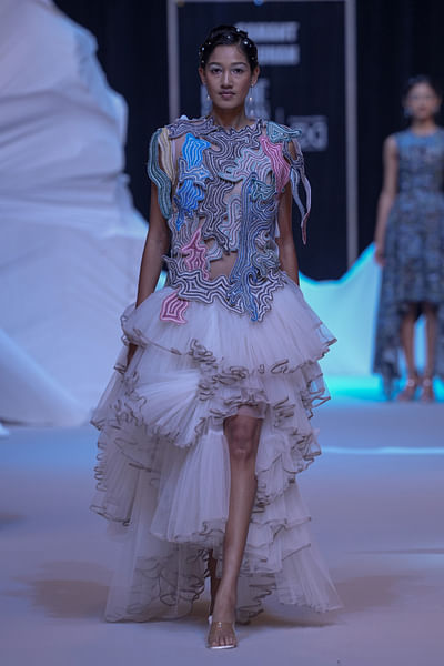 Off-white abstract embroidery frilled gown