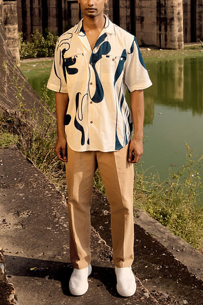 Off-white and blue lino print shirt