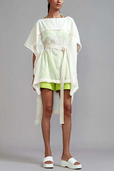Off-white and neon green fringed kaftan top