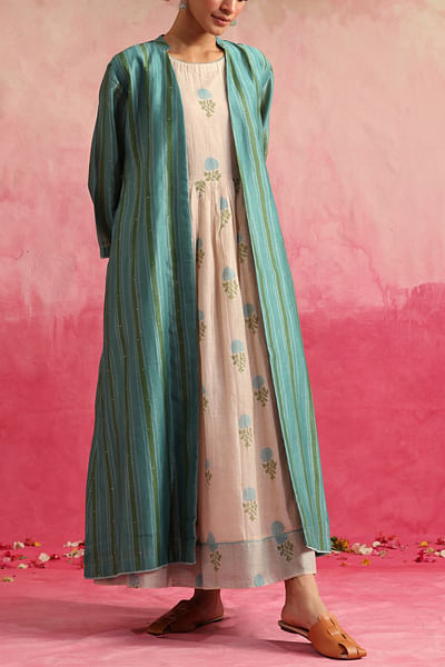 Off-white and turquoise block printed handloom jacket and dress