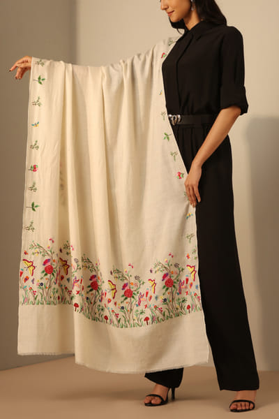 Off-white butterfly embroidery pashmina shawl