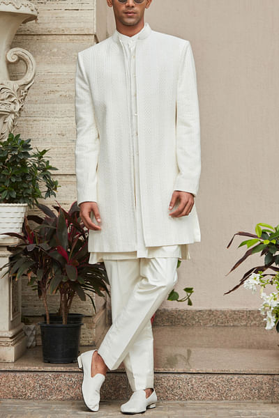 Off-white chikankari embroidered open jacket set