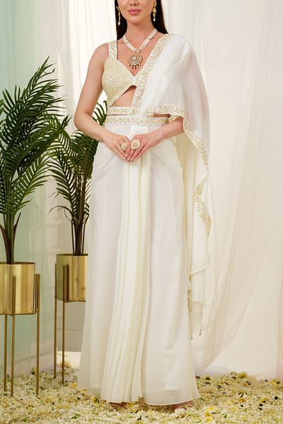 Off-white conceptual draped saree set