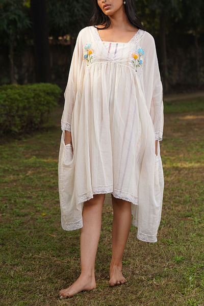 Off-white embroidered kaftan dress set