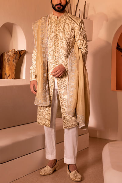 Off-white floral embroidered sherwani