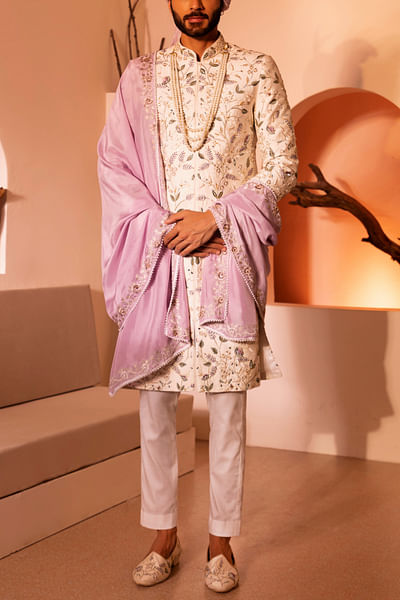Off-white floral embroidery sherwani