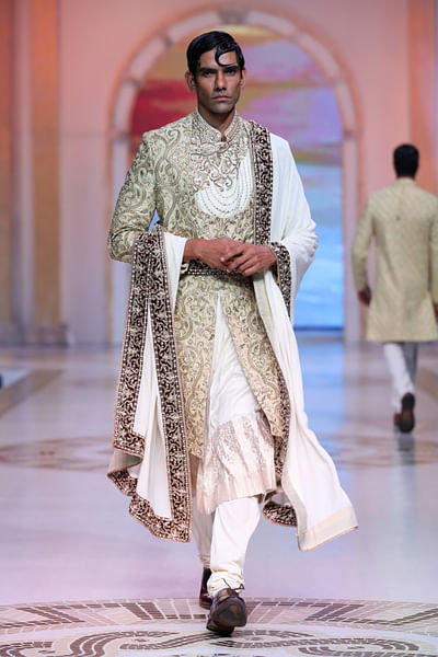 Off-white floral embroidery sherwani set