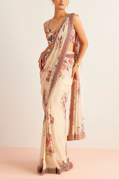 Off-white floral print pre-draped saree set