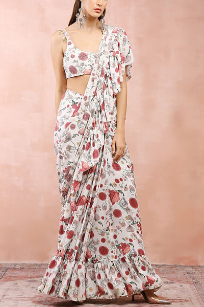 Off-white floral print pre-stitched sari set