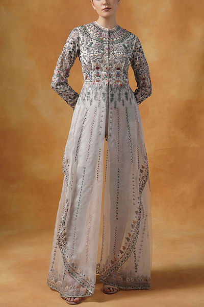 Off-white floral silk thread embroidery gown