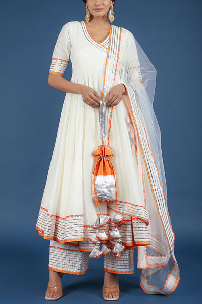 Off-white gota embellished angrakha set
