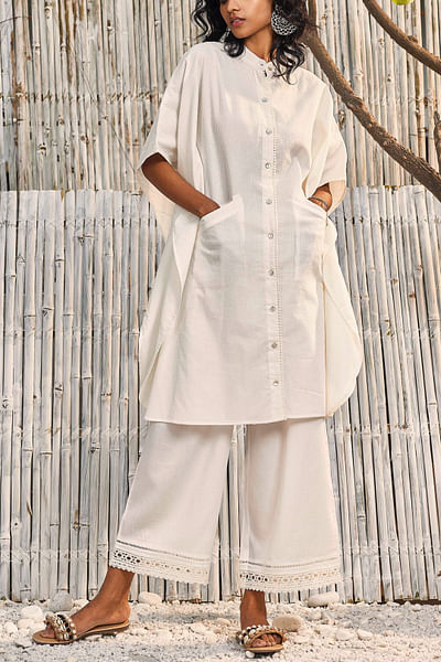 Off-white lace kaftan shirt style kurta set