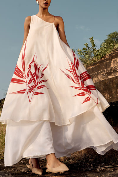 Off-white leaf lino print layered dress