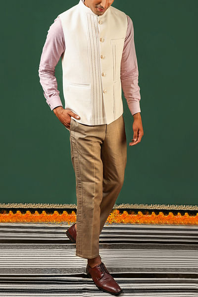 Off-white linear embroidery khadi Nehru jacket
