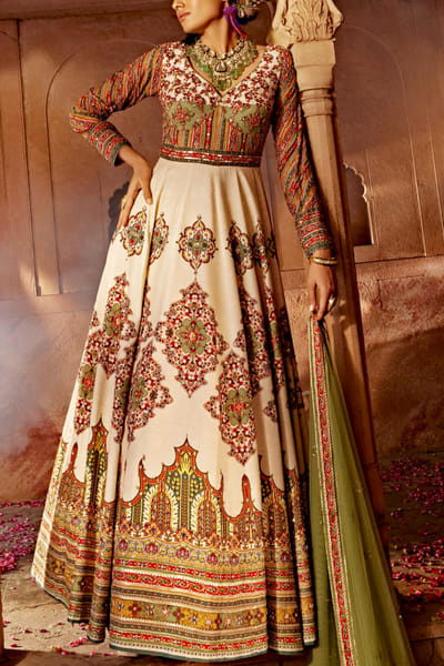 Kalista Off-white Persian floral print anarkali set KTAAUG23016