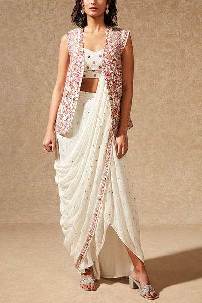 Off-white sequin and thread embroidered pre-stitched sari set