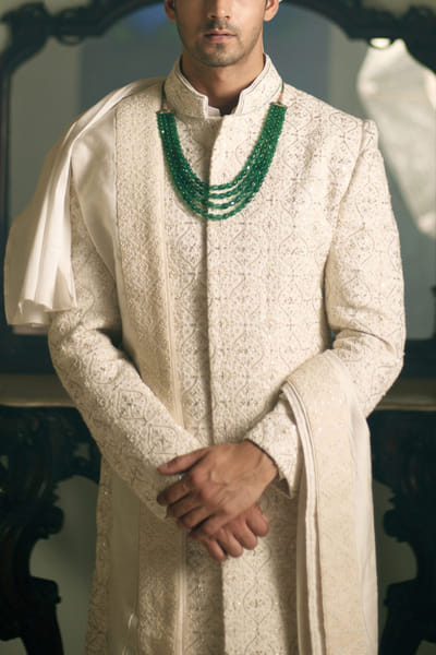 Off-white sequin and thread embroidery sherwani set