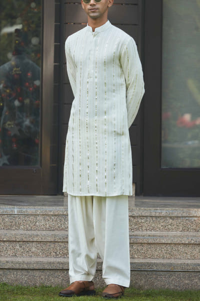 Off-white stripe chikankari embroidered kurta set