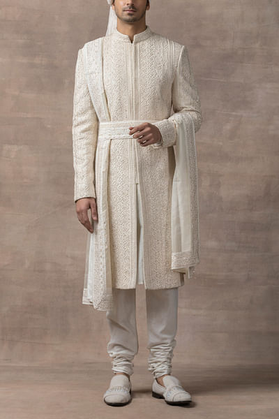 Off-white Swarovski and thread work sherwani full set
