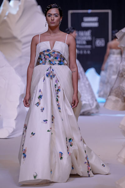 Off-white thread embroidered gown