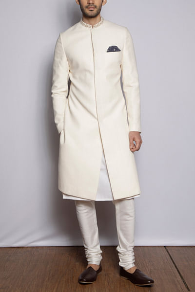Off-white thread embroidery sherwani set