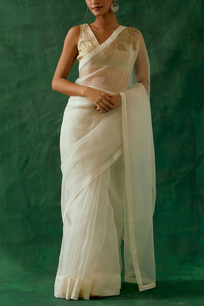 Off-white zardozi embroidery woven sari set