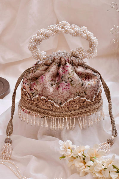 Old rose embellished brocade potli bag