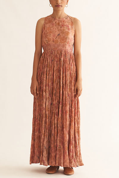 Old rose floral and bird printed gathered long kurta