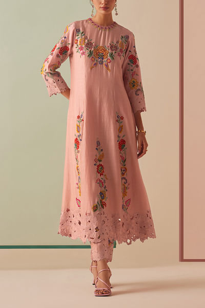 Old rose floral embroidered kurta set