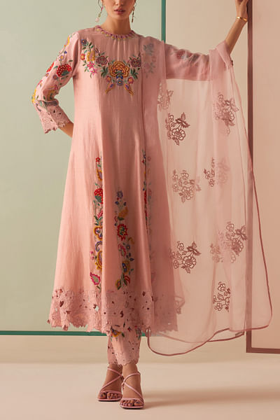 Old rose floral embroidery dupatta