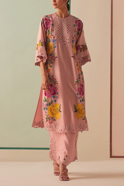 Old rose floral embroidery kurta set