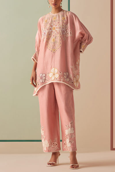 Old rose floral embroidery short kurta set