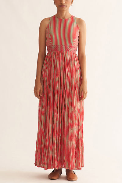Old rose stripe printed gathered long kurta