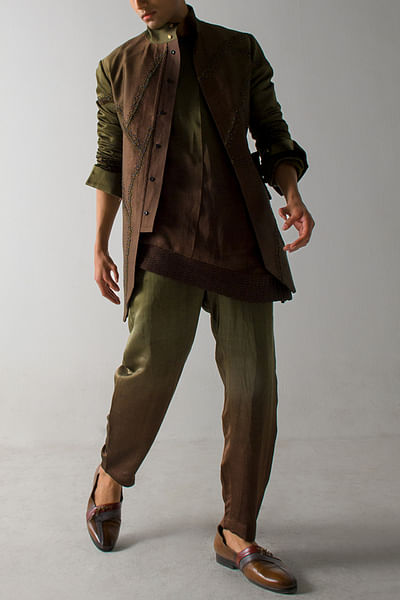 Olive and brown embroidered shacket set