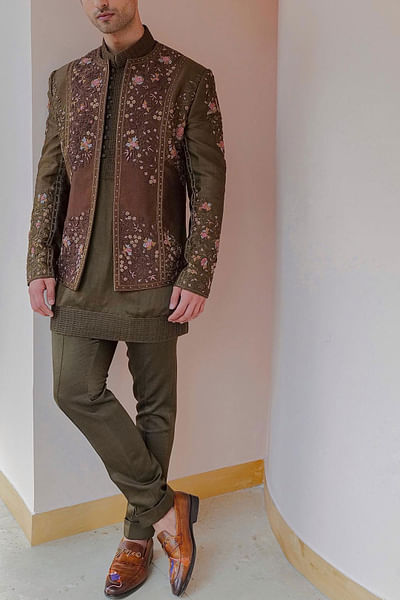 Olive and brown ombre floral embroidered short jacket set