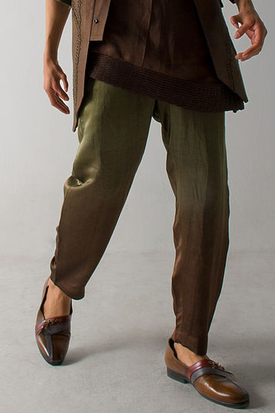Olive and brown paper bag trousers