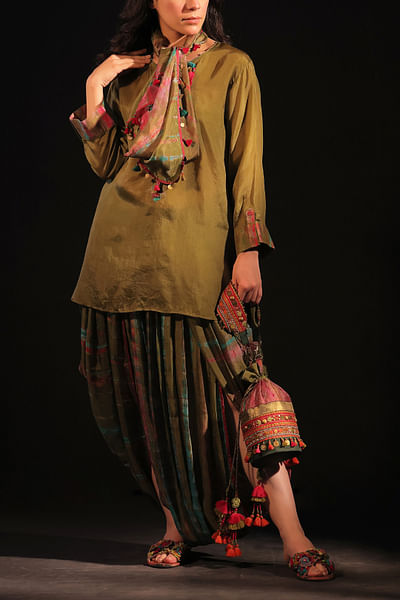 Olive and rust tie-dye print dhoti kurta set